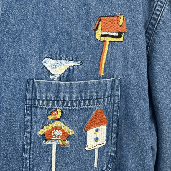 Vintage 90s Cabin Creek Denim Shirt Size L Bird House Embroidery Cottage Boho - Picture 9 of 12